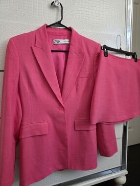 ZARA Bright Pink Tailored Blazer & Mini Skirt Set